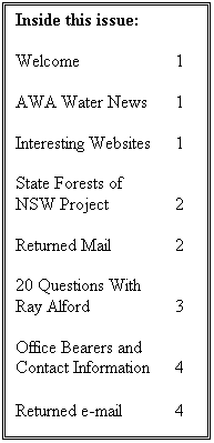 Text Box: Inside this issue:

Welcome		1

AWA Water News	1

Interesting Websites	1

State Forests of 
NSW Project		2

Returned Mail		2

20 Questions With
Ray Alford		3

Office Bearers and Contact Information	4

Returned e-mail	4

