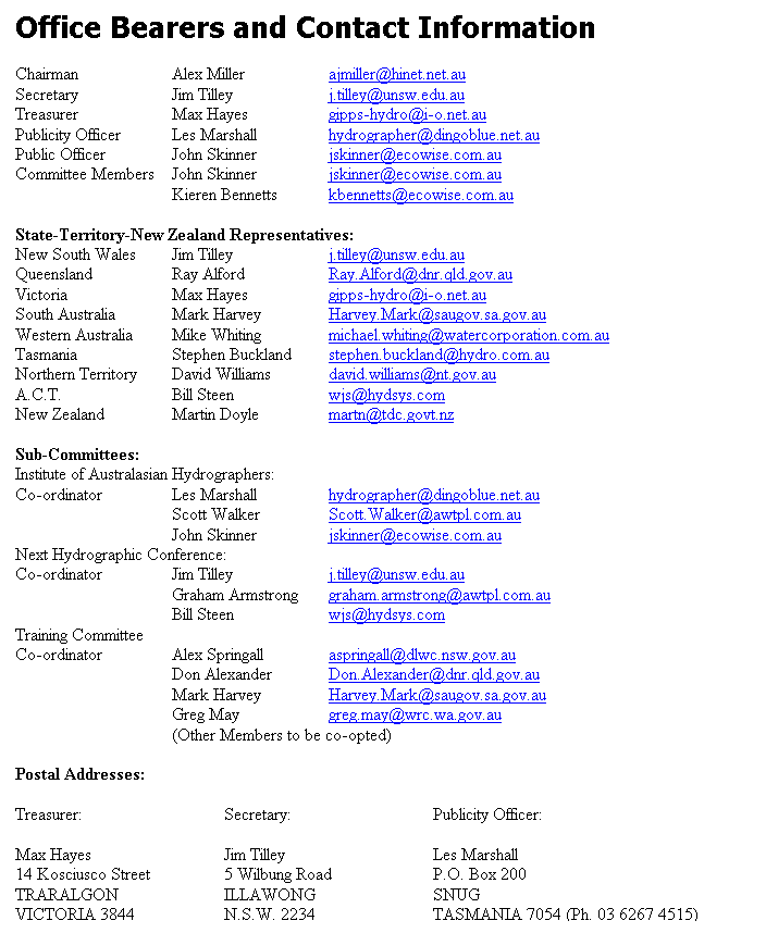 Text Box: Office Bearers and Contact Information

Chairman		Alex Miller		ajmiller@hinet.net.au
Secretary		Jim Tilley		j.tilley@unsw.edu.au
Treasurer		Max Hayes		gipps-hydro@i-o.net.au
Publicity Officer	Les Marshall		hydrographer@dingoblue.net.au
Public Officer		John Skinner		jskinner@ecowise.com.au
Committee Members	John Skinner		jskinner@ecowise.com.au
			Kieren Bennetts	kbennetts@ecowise.com.au

State-Territory-New Zealand Representatives:
New South Wales	Jim Tilley		j.tilley@unsw.edu.au
Queensland		Ray Alford		Ray.Alford@dnr.qld.gov.au
Victoria		Max Hayes		gipps-hydro@i-o.net.au
South Australia	Mark Harvey		Harvey.Mark@saugov.sa.gov.au
Western Australia	Mike Whiting		michael.whiting@watercorporation.com.au
Tasmania		Stephen Buckland	stephen.buckland@hydro.com.au
Northern Territory	David Williams	david.williams@nt.gov.au
A.C.T.			Bill Steen		wjs@hydsys.com
New Zealand		Martin Doyle		martn@tdc.govt.nz

Sub-Committees:
Institute of Australasian Hydrographers:
Co-ordinator		Les Marshall		hydrographer@dingoblue.net.au
			Scott Walker		Scott.Walker@awtpl.com.au
			John Skinner		jskinner@ecowise.com.au
Next Hydrographic Conference:
Co-ordinator		Jim Tilley		j.tilley@unsw.edu.au
			Graham Armstrong	graham.armstrong@awtpl.com.au
			Bill Steen		wjs@hydsys.com
Training Committee
Co-ordinator		Alex Springall		aspringall@dlwc.nsw.gov.au
Don Alexander	Don.Alexander@dnr.qld.gov.au
Mark Harvey		Harvey.Mark@saugov.sa.gov.au
Greg May 		greg.may@wrc.wa.gov.au
			(Other Members to be co-opted)

Postal Addresses:

Treasurer:			Secretary:			Publicity Officer:

Max Hayes			Jim Tilley			Les Marshall
14 Kosciusco Street		5 Wilbung Road		P.O. Box 200
TRARALGON		ILLAWONG			SNUG
VICTORIA 3844		N.S.W. 2234			TASMANIA 7054 (Ph. 03 6267 4515)

